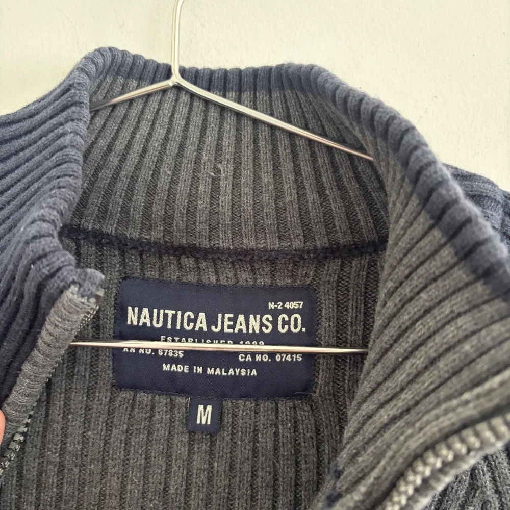 Nautica Jeans Co Mens Medium Gray Navy Blue Ribbed 1/4 Zip Pullover Sweater